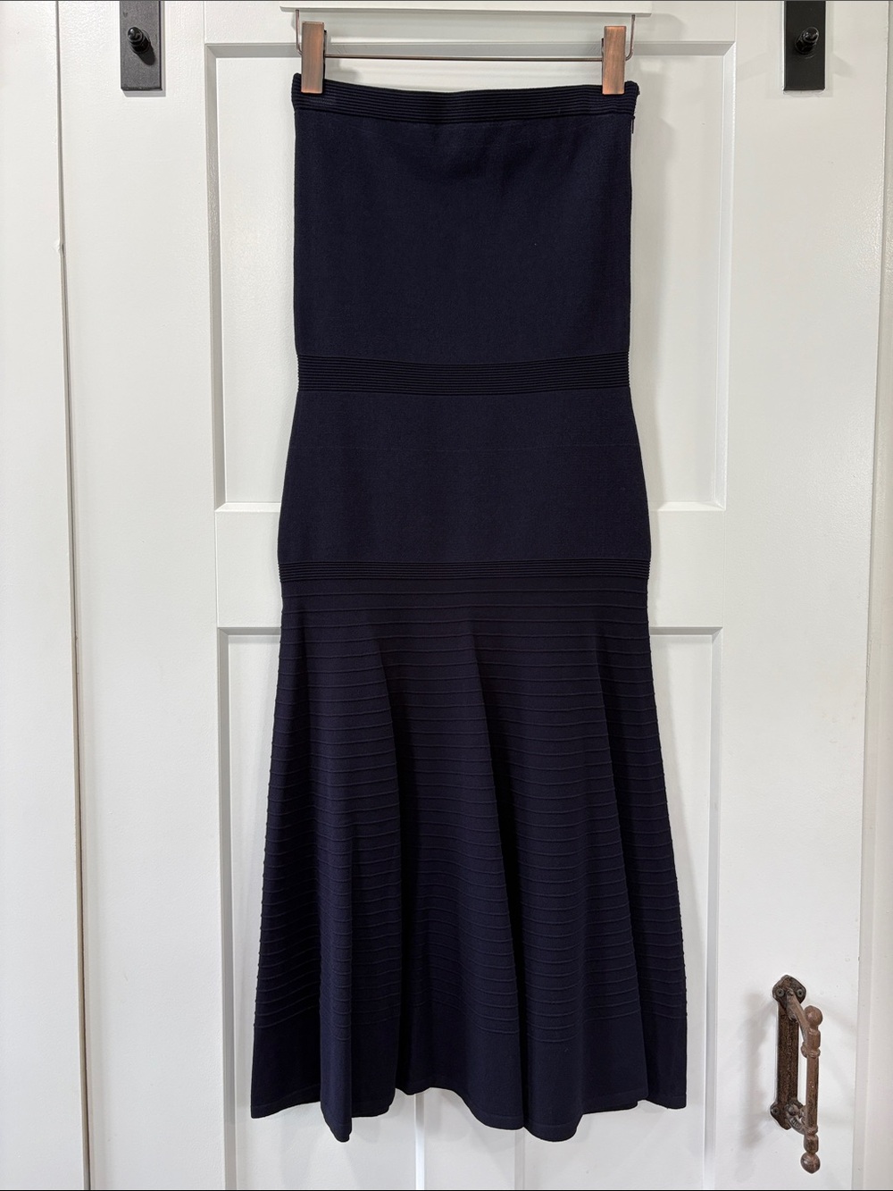 Ann Taylor Navy Blue Ribbed Knit Strapless Fit & Flare Midi Dress Size Medium